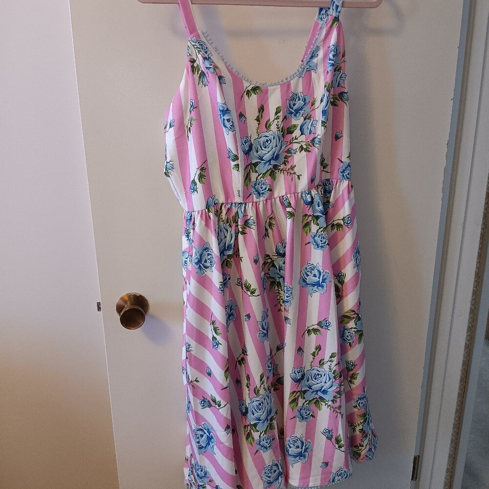 Sourpuss Pink and Blue Striped Rose Print Sundress
